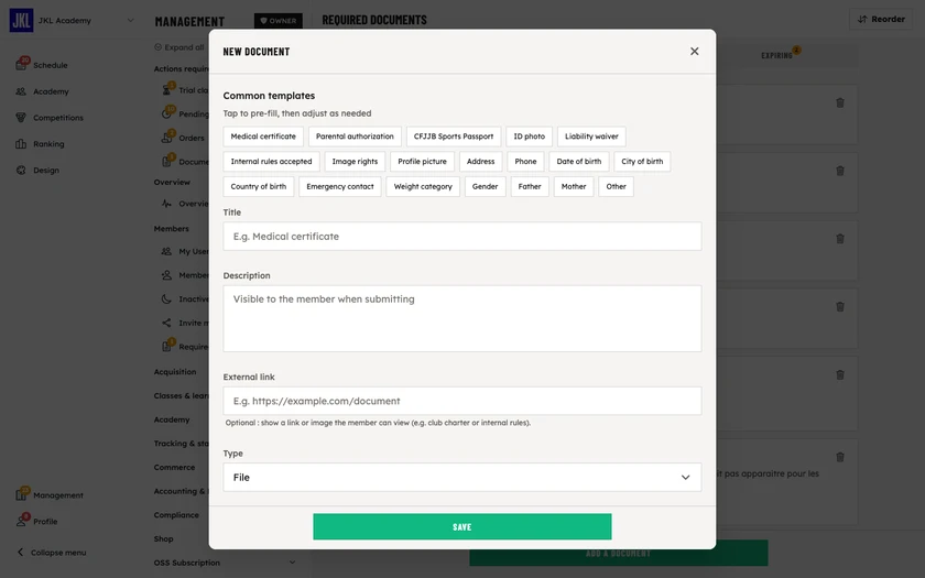 The New document form: common templates, title, description, external link and type