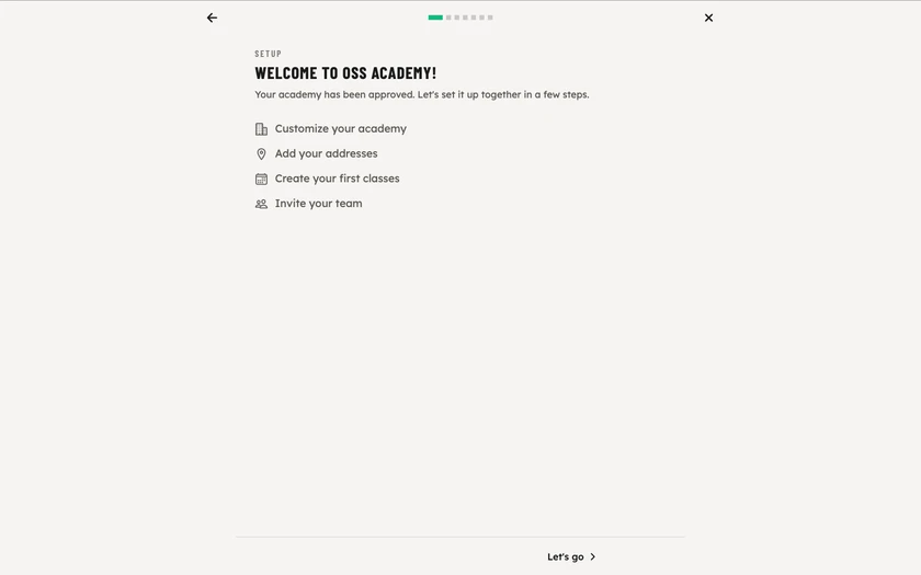 The Setup window on opening: Welcome to OSS Academy, the four steps and the Let's go button