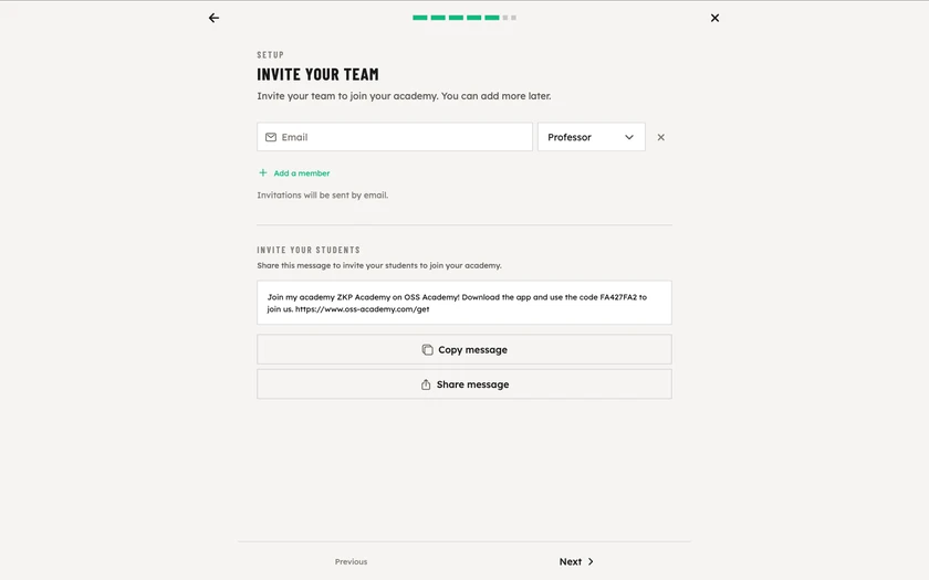 The Invite your team step: professors to invite by email, and the ready-to-share message for students with the academy code