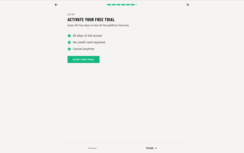 The Activate your free trial step: 30 days of full access, no credit card, cancellable at any time