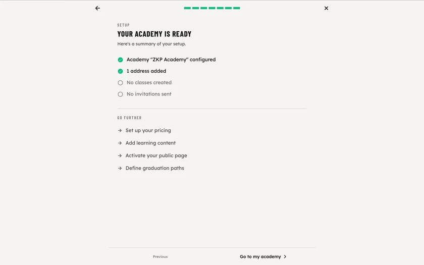 The final summary Your academy is ready: configured, still to do, and next steps