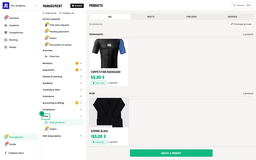 The shop item list, grouped, with the price, Published or Draft status and number of variants of each item