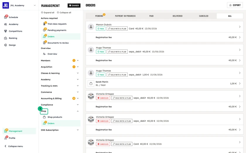The order list, filtered by status, with the member, payment method, amount and items of each order