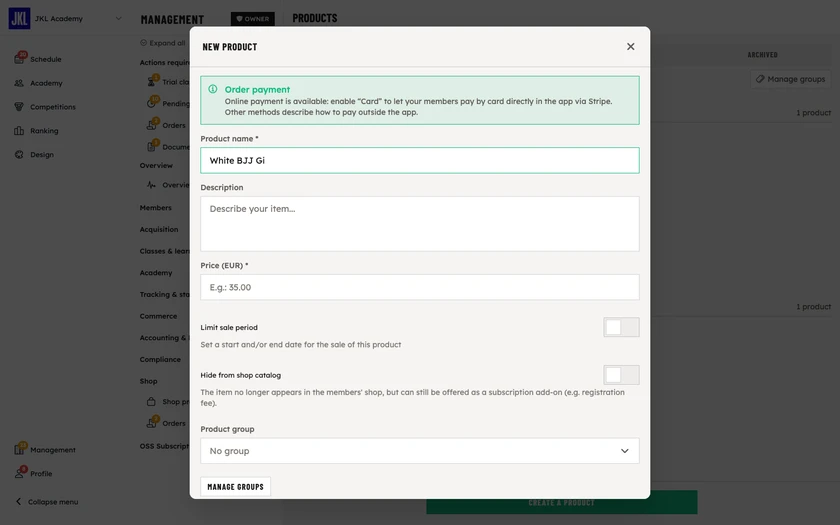 The item form: name, description, price, sale period, the Hide from shop catalog option and group