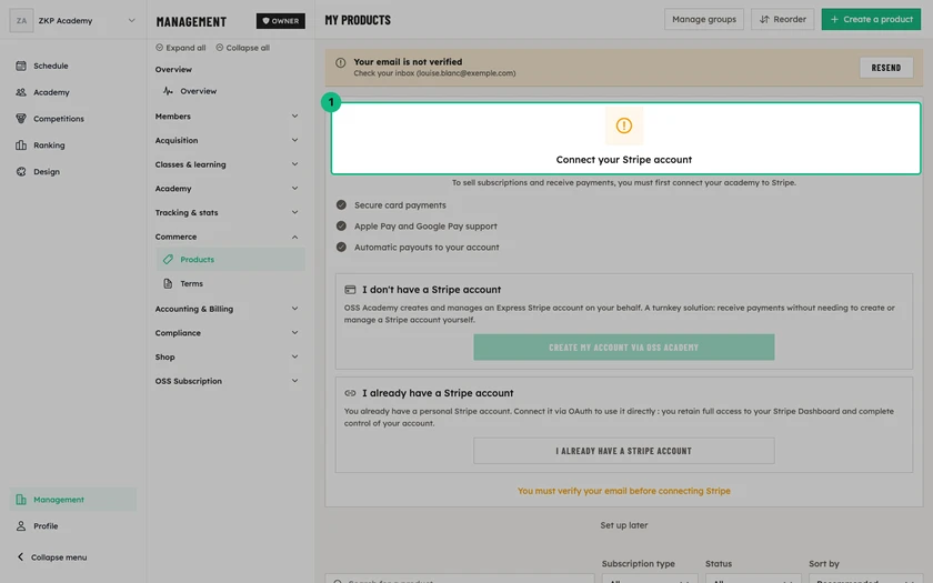 The Connect your Stripe account card on the products page, with its two options: I don't have a Stripe account and I already have a Stripe account