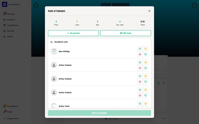 The Mark attendance window, with the Pres., Late, Abs. and Exc. abs. counters, the All present button and the student list