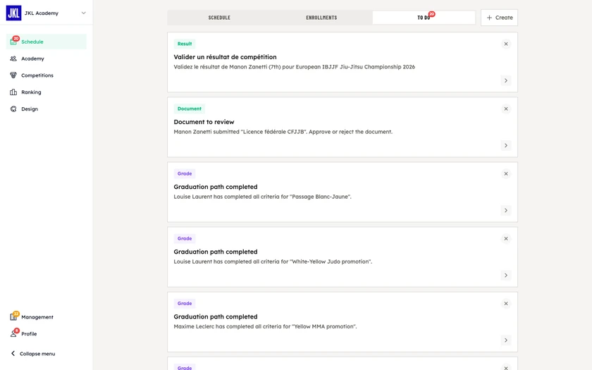The To do tab of the schedule, with the pending tasks and their type label