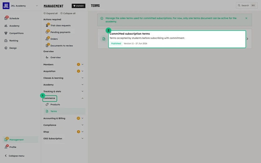 The Terms screen, with the Committed subscription terms card, its Published status and its version number
