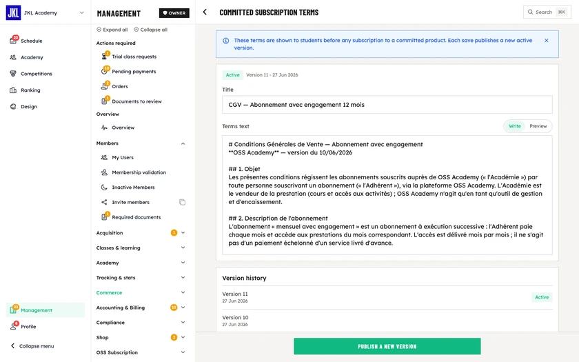 The terms editor, with the title, the markdown text and the Write / Preview toggle