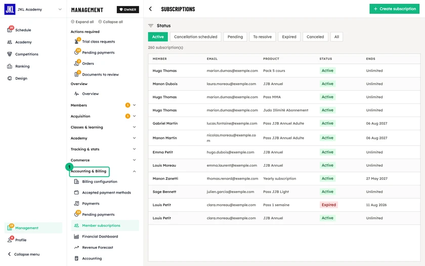 The list of members' subscriptions, with the status filters and the member, product, status and end columns