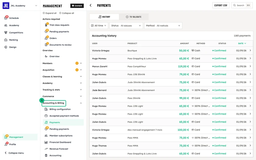 The payment history, with the period, status and method filters, and the Export CSV button