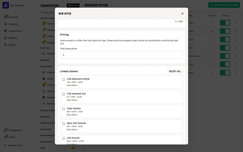 The Linked classes block of the offer, with the list of classes to tick and the Select all button