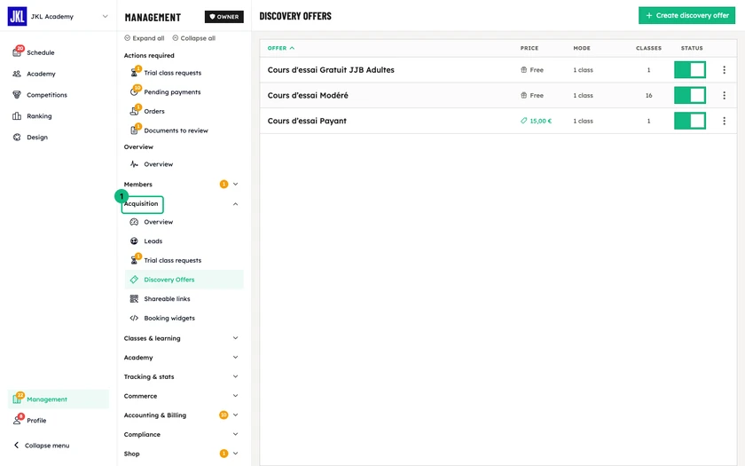 The discovery offers list, with the name, price, mode, number of linked classes and status of each offer