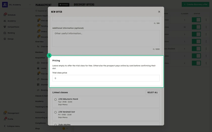The Pricing block of the offer, with the Trial class price field, empty for a free trial
