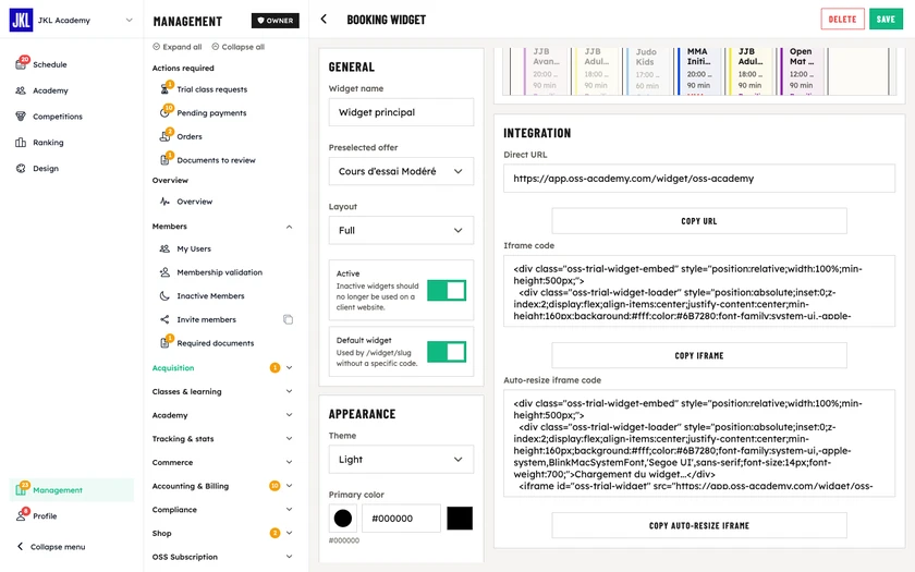 A widget's editor: the General and Appearance settings, and the Integration block with the direct URL, the iframe code and the auto-resize iframe code to copy