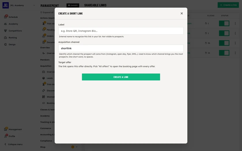 The Create a short link form: label, acquisition channel and target offer