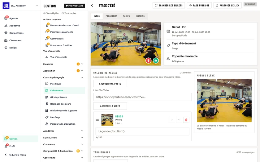 La fiche d'un événement, avec ses onglets Infos, Programme, Tarifs et Inscrits, et la checklist Avant de publier