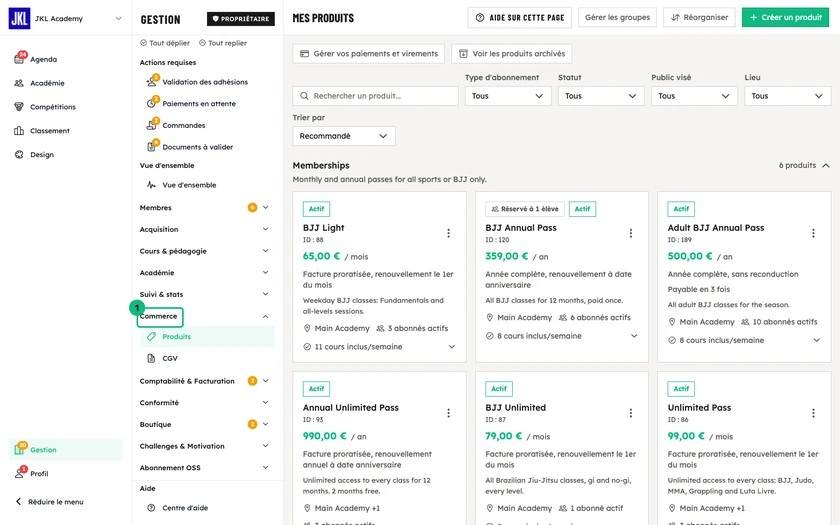 La liste Mes Produits sur ordinateur, avec la barre de recherche et de filtres encadrée, et les boutons Gérer les groupes, Réorganiser et Créer un produit en haut à droite
