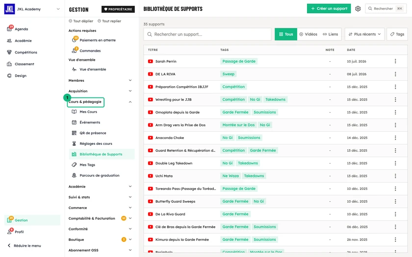 La bibliothèque de supports, avec la recherche, les filtres Vidéos et Liens, le tri et la liste des supports avec leurs tags et leur note