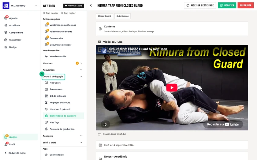 La fiche d'un support : son contenu, sa vidéo et les boutons Modifier et Supprimer ; les onglets Classes et Élèves se trouvent plus bas