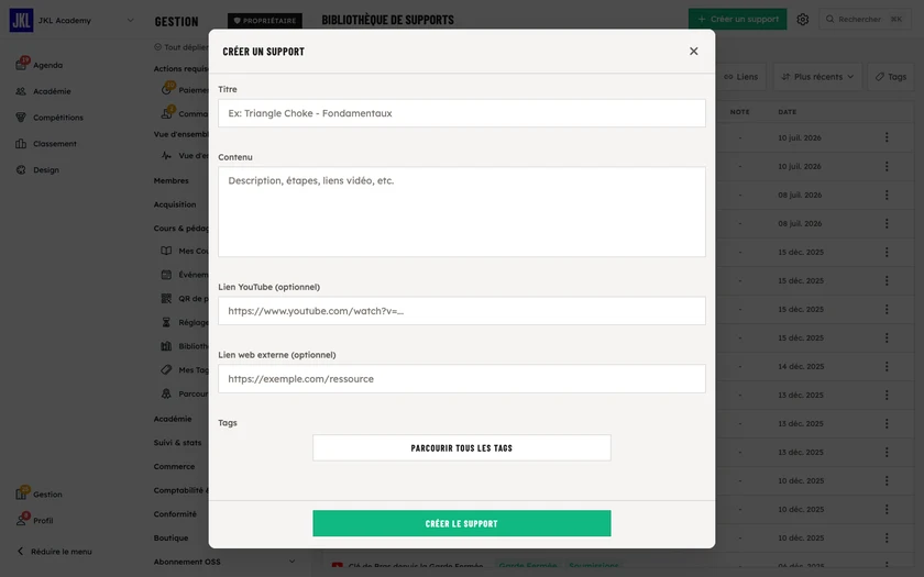 Le formulaire Créer un support : titre, contenu, lien YouTube, lien web et tags