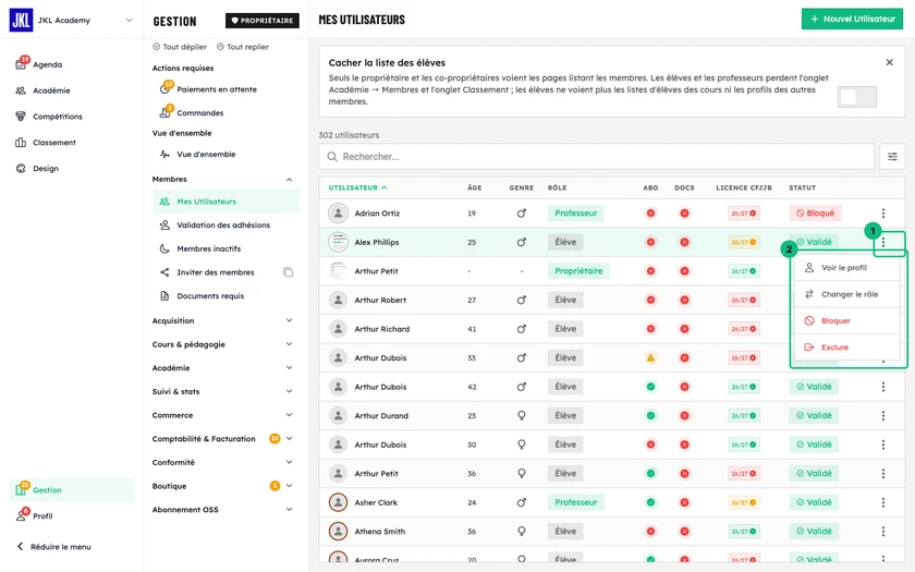 La liste des membres, avec le menu ouvert au bout d'une ligne : Voir le profil, Changer le rôle, Bloquer, Exclure