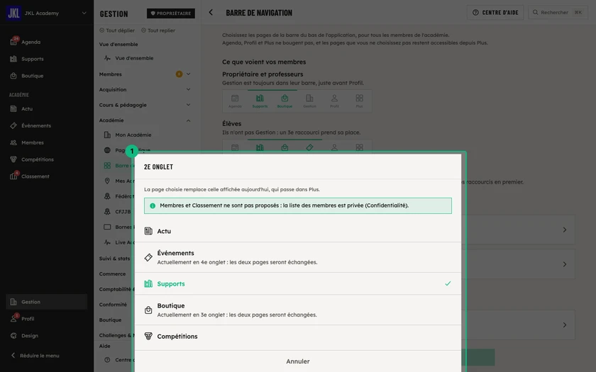 La liste des pages ouverte sur le 2e onglet, avec la page actuelle cochée