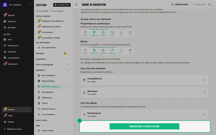 Le bouton Enregistrer les modifications en bas de l'écran, après avoir choisi une nouvelle page