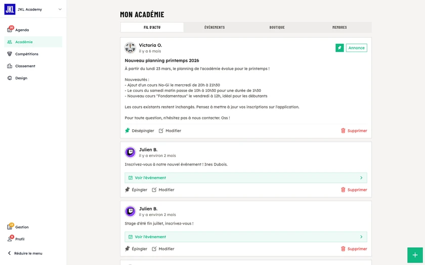 Le fil de l'académie, avec un post épinglé marqué Annonce et le bouton de création réservé aux propriétaires et professeurs