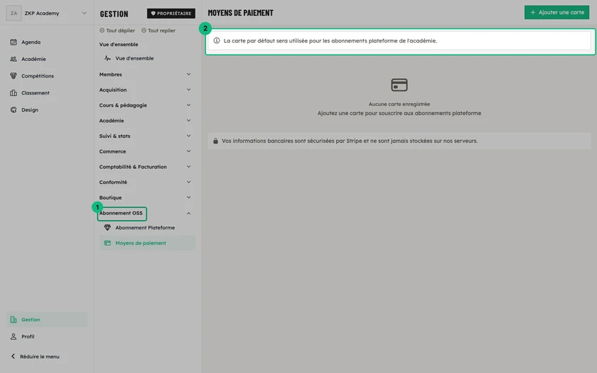 L'écran Moyens de paiement de l'abonnement plateforme, avec le bouton Ajouter une carte