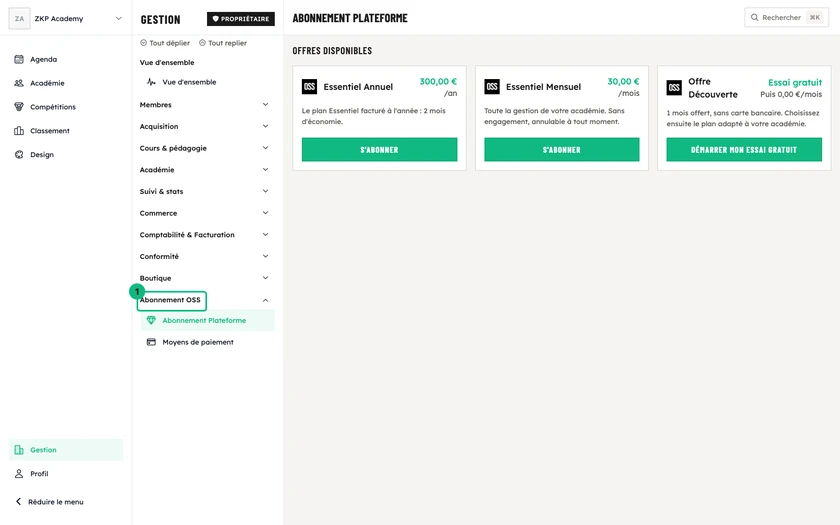 L'écran Abonnement plateforme : l'Offre Découverte avec son essai gratuit et le plan Essentiel en mensuel ou en annuel