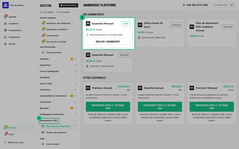 L'abonnement plateforme actif de l'académie, avec sa date de renouvellement et le bouton Résilier l'abonnement