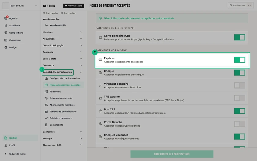 L'écran des modes de paiement, avec le paiement en ligne Stripe et la liste des paiements hors ligne, chacun avec son interrupteur