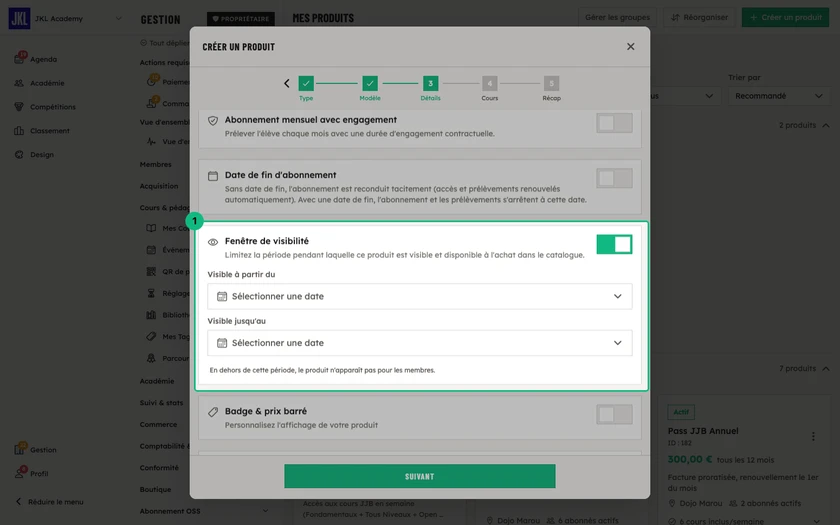 Le bloc Fenêtre de visibilité activé, avec les dates Visible à partir du et Visible jusqu'au