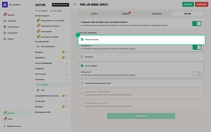 L'onglet Add-ons d'un produit d'abonnement, avec l'interrupteur activé et la liste des articles proposés