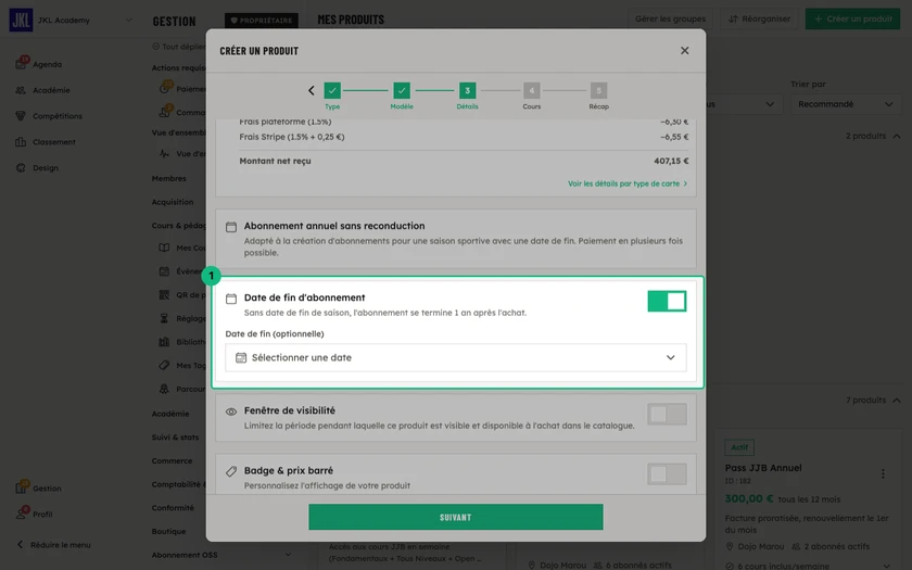 Le bloc Date de fin d'abonnement d'un abonnement de saison, avec le champ Date de fin à renseigner