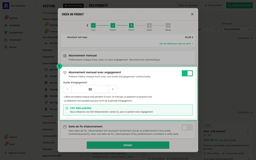 Le bloc Abonnement mensuel avec engagement activé sur 12 mois, et l'encart CGV déjà publiées avec le numéro de version qui sera utilisé