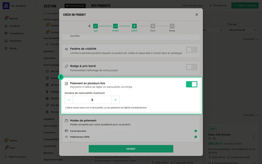 Le bloc Paiement en plusieurs fois activé, avec le nombre de mensualités maximum réglé sur 3