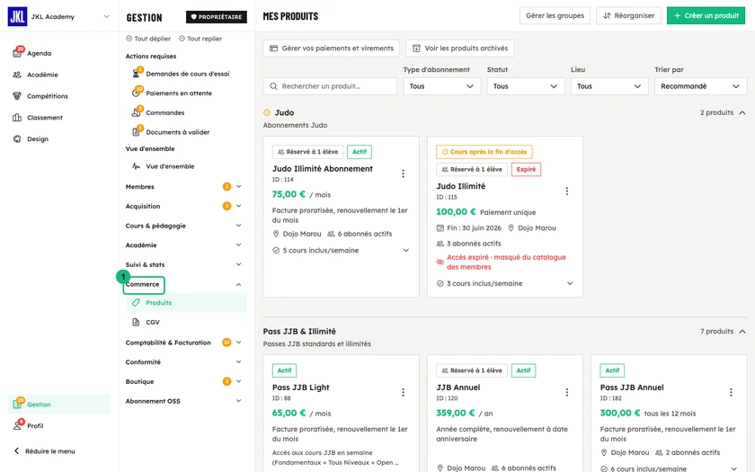 Votre liste de produits, où chaque groupe forme un bloc avec son nom, sa description et le nombre de produits qu'il contient