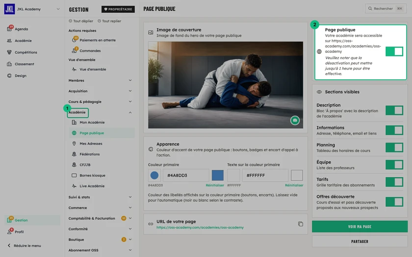 L'écran Page publique, avec l'interrupteur d'activation, l'image de couverture, les couleurs et l'URL de la page