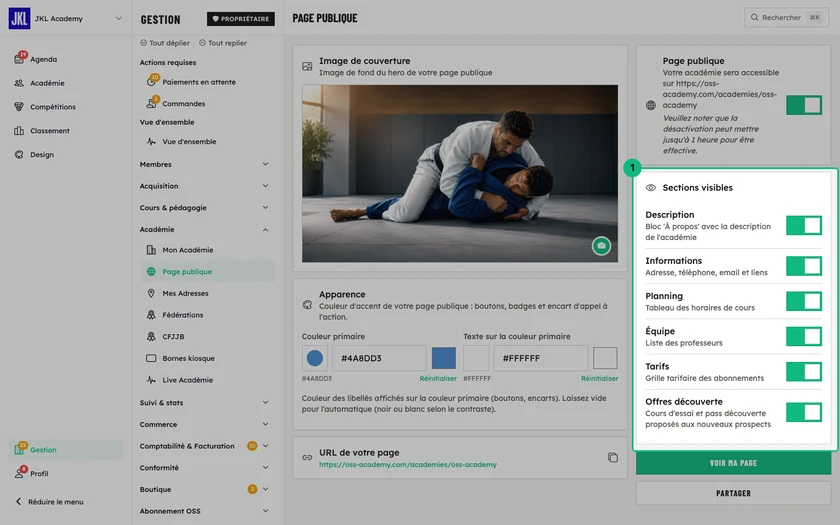Le bloc Sections visibles de la page publique, avec un interrupteur par section