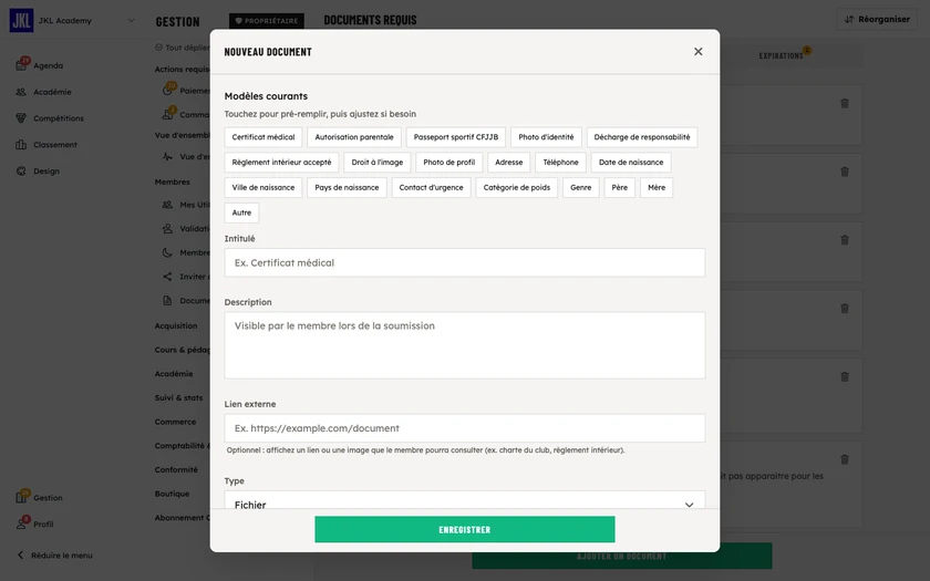 Le formulaire Nouveau document : intitulé, modèles courants, type, et les règles obligatoire, bloquant, approbation automatique, public et validité