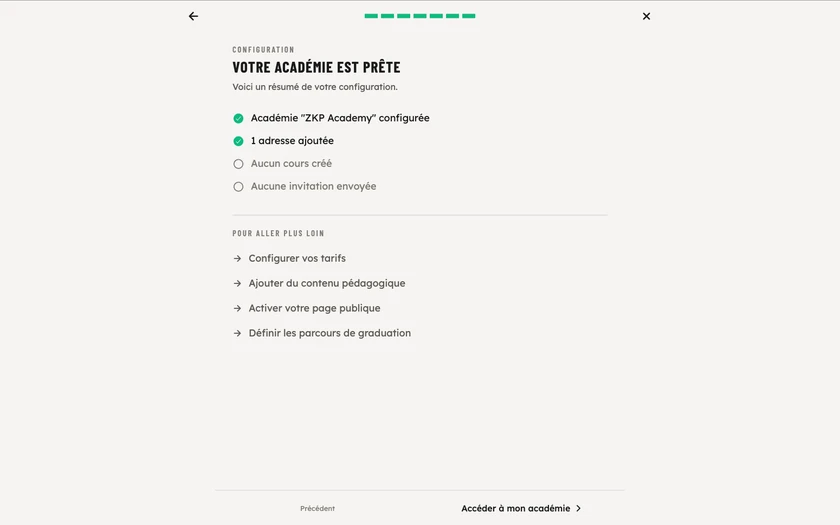 Le résumé final Votre académie est prête : configuré, à faire, et les pistes pour aller plus loin
