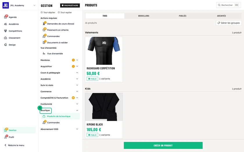 La liste des articles de la boutique, groupés, avec leur prix, leur statut Publié ou Brouillon et leur nombre de variantes