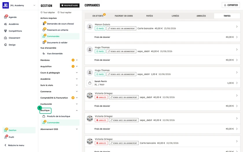 La liste des commandes, filtrée par statut, avec pour chacune le membre, le moyen de paiement, le montant et les articles