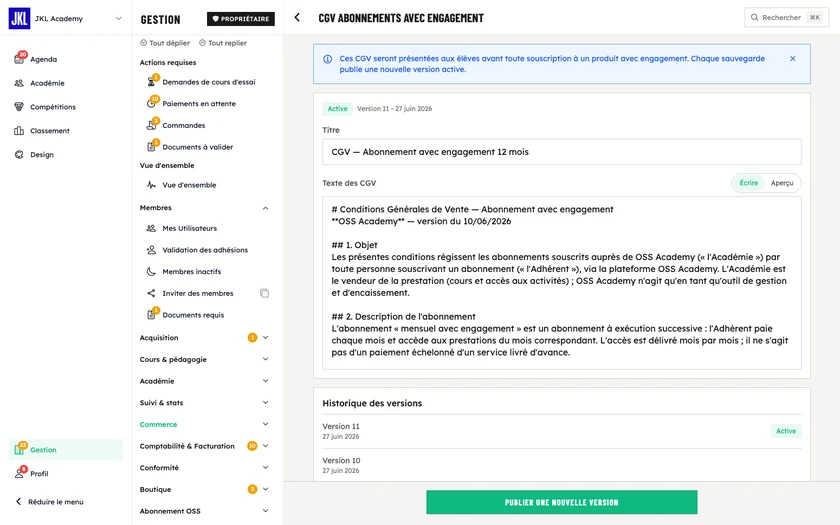 L'éditeur de CGV, avec le titre, le texte en markdown et la bascule Écrire / Aperçu