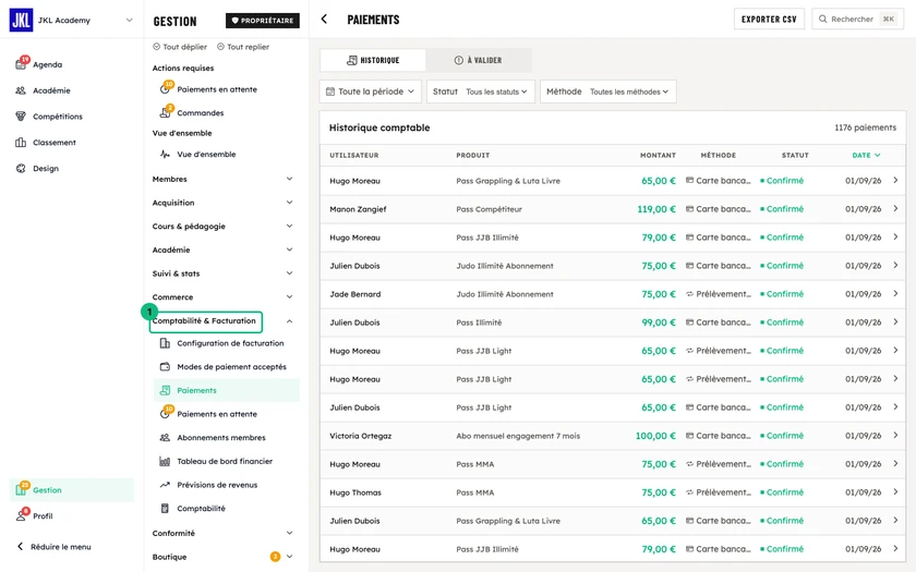 L'historique des paiements, avec les filtres par période, statut et méthode, et le bouton Exporter CSV