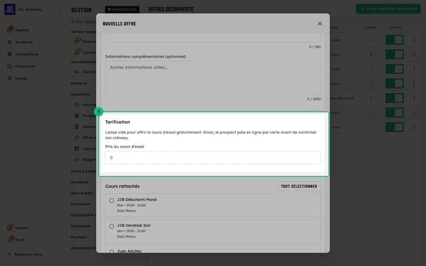 Le bloc Tarification de l'offre, avec le champ Prix du cours d'essai, vide pour un essai gratuit