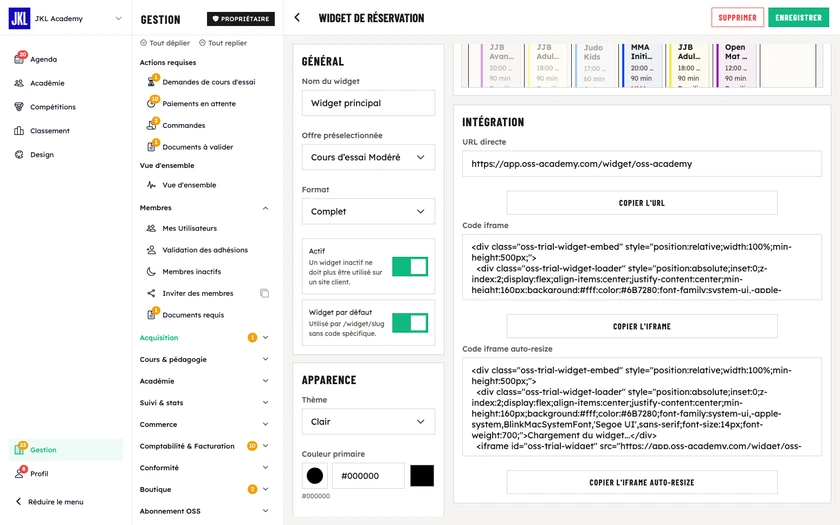 L'éditeur d'un widget : les réglages Général et Apparence, et le bloc Intégration avec l'URL directe, le code iframe et le code iframe auto-resize à copier