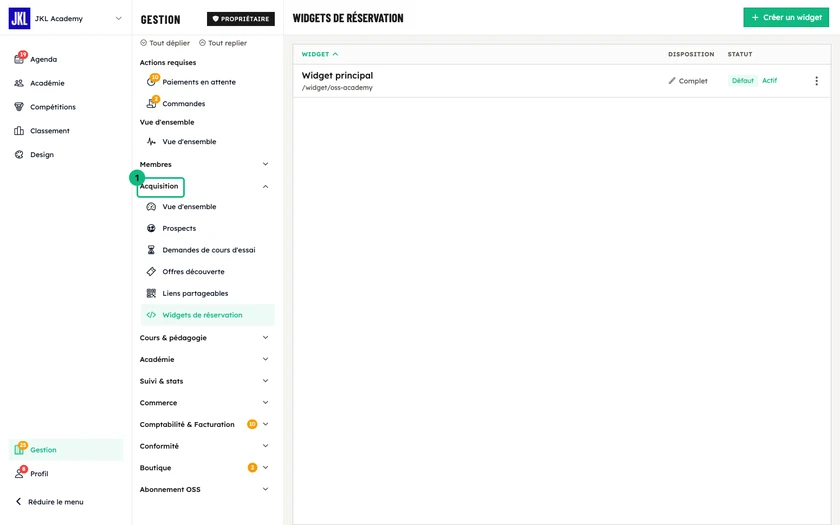 La liste des widgets de réservation, avec le nom, la disposition, le statut et le badge Défaut